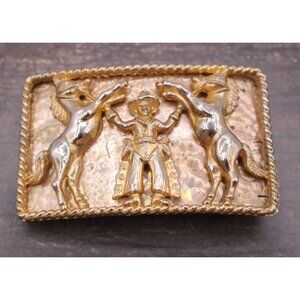 Western Cowboy Rodeo Horse Belt Buckle Rope Border Gold Tone Cowboy Rodeo Vtg